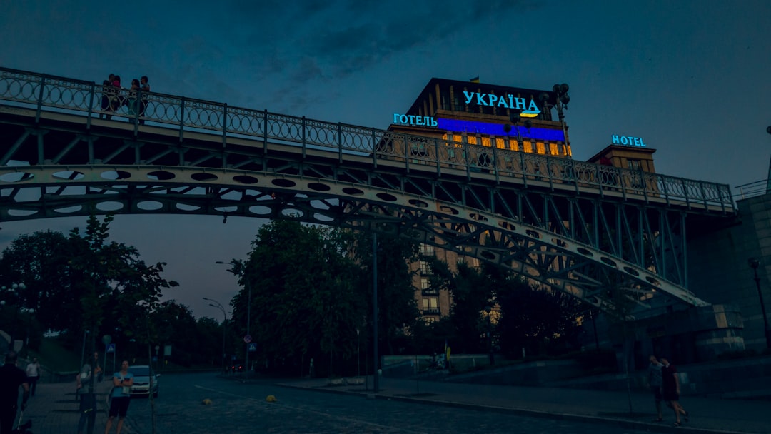 people walking near road showing bridge and buildings during night time
